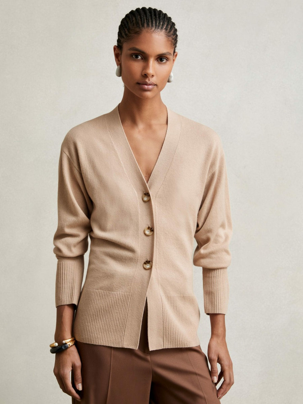 Women Wool-Blend Fitted Cardigan With Cashmere in Neutral