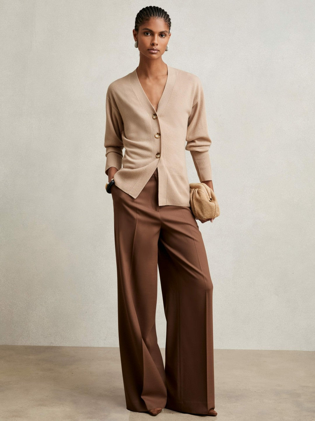 Women Wool-Blend Fitted Cardigan With Cashmere in Neutral