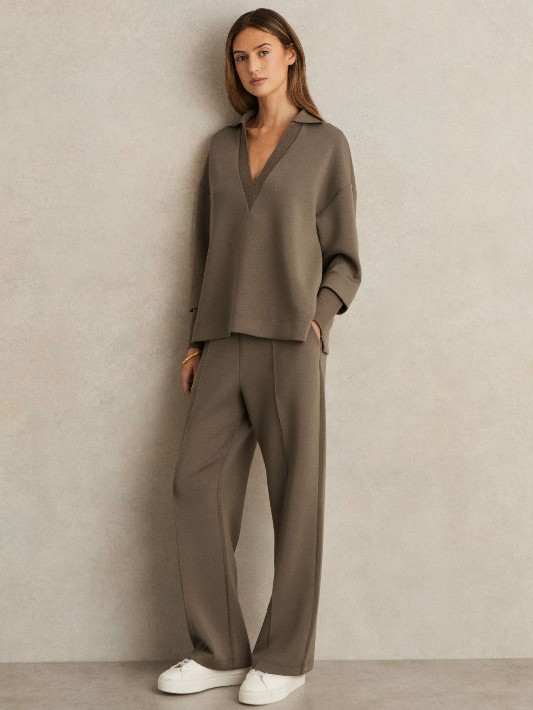 Women Modal-Blend Interlock Wide-Leg Joggers in Khaki Green