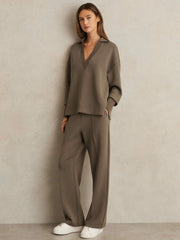 Women Modal-Blend Interlock Wide-Leg Joggers in Khaki Green