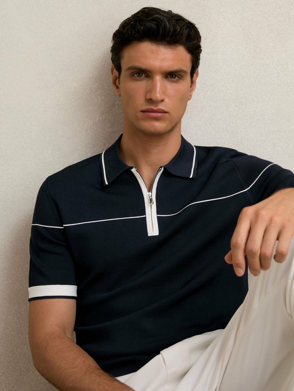 Men Half Zip Tipped Polo Shirt in Navy/White