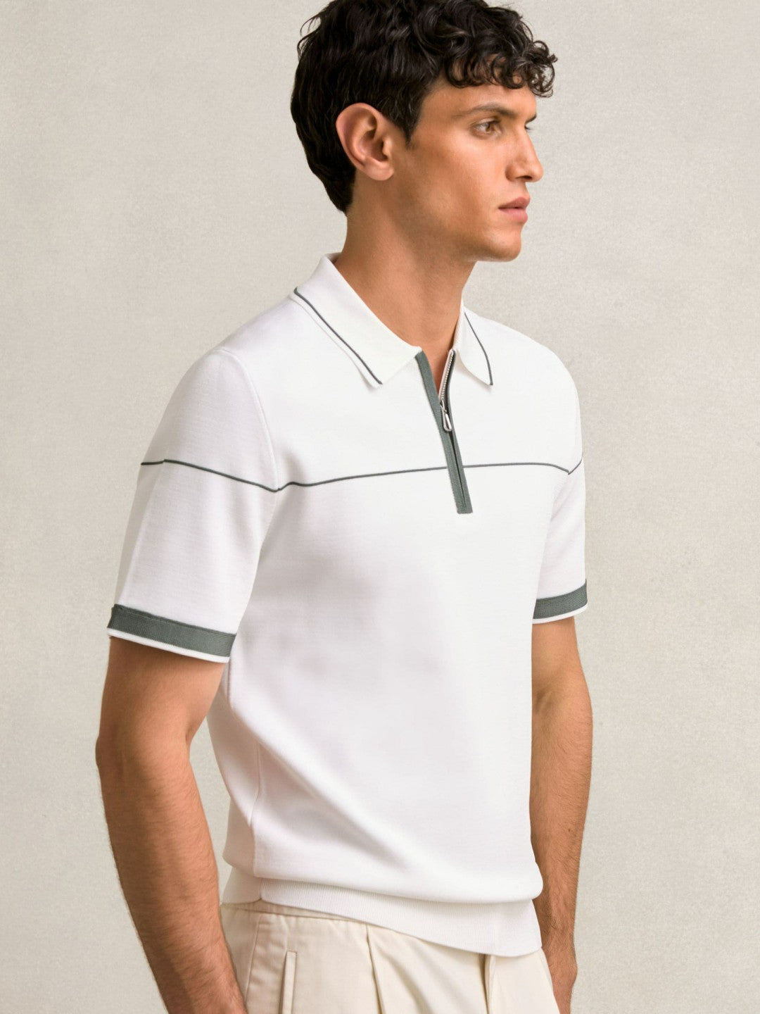 Men Half Zip Tipped Polo Shirt in White/Green