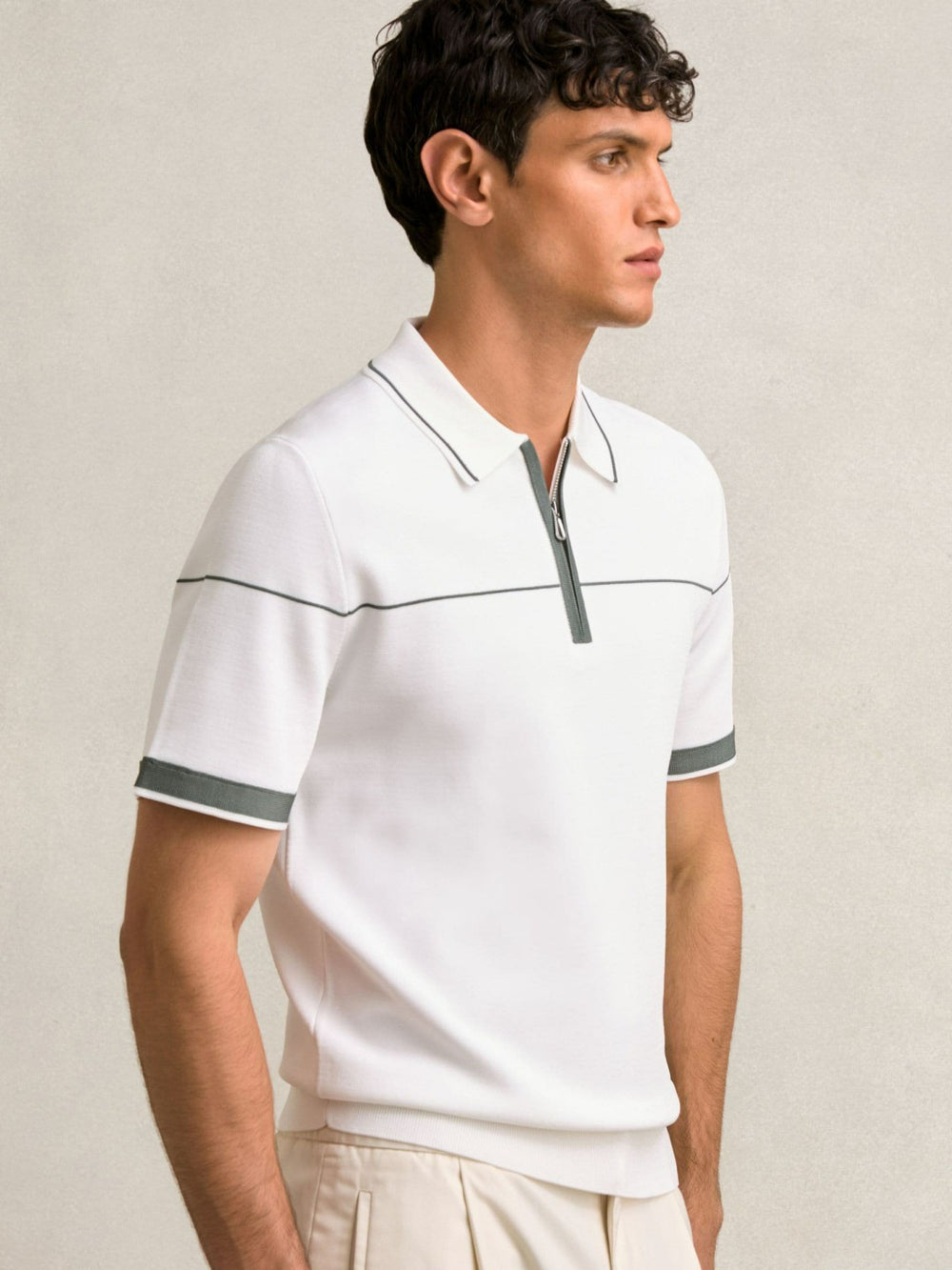 Men Half Zip Tipped Polo Shirt in White/Green