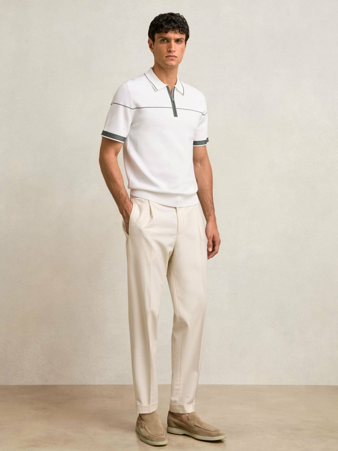Men Half Zip Tipped Polo Shirt in White/Green