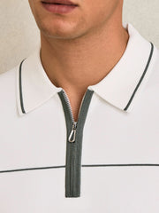 Men Half Zip Tipped Polo Shirt in White/Green