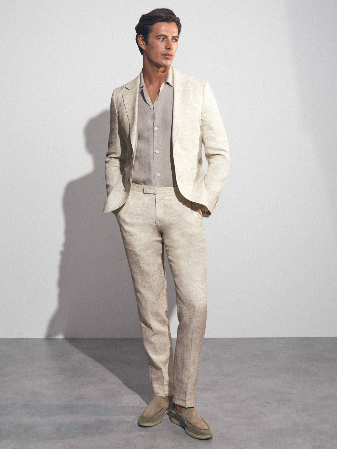 Men Linen-Cotton Slim-Fit Suit Trousers in Stone