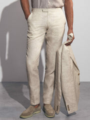 Men Linen-Cotton Slim-Fit Suit Trousers in Stone