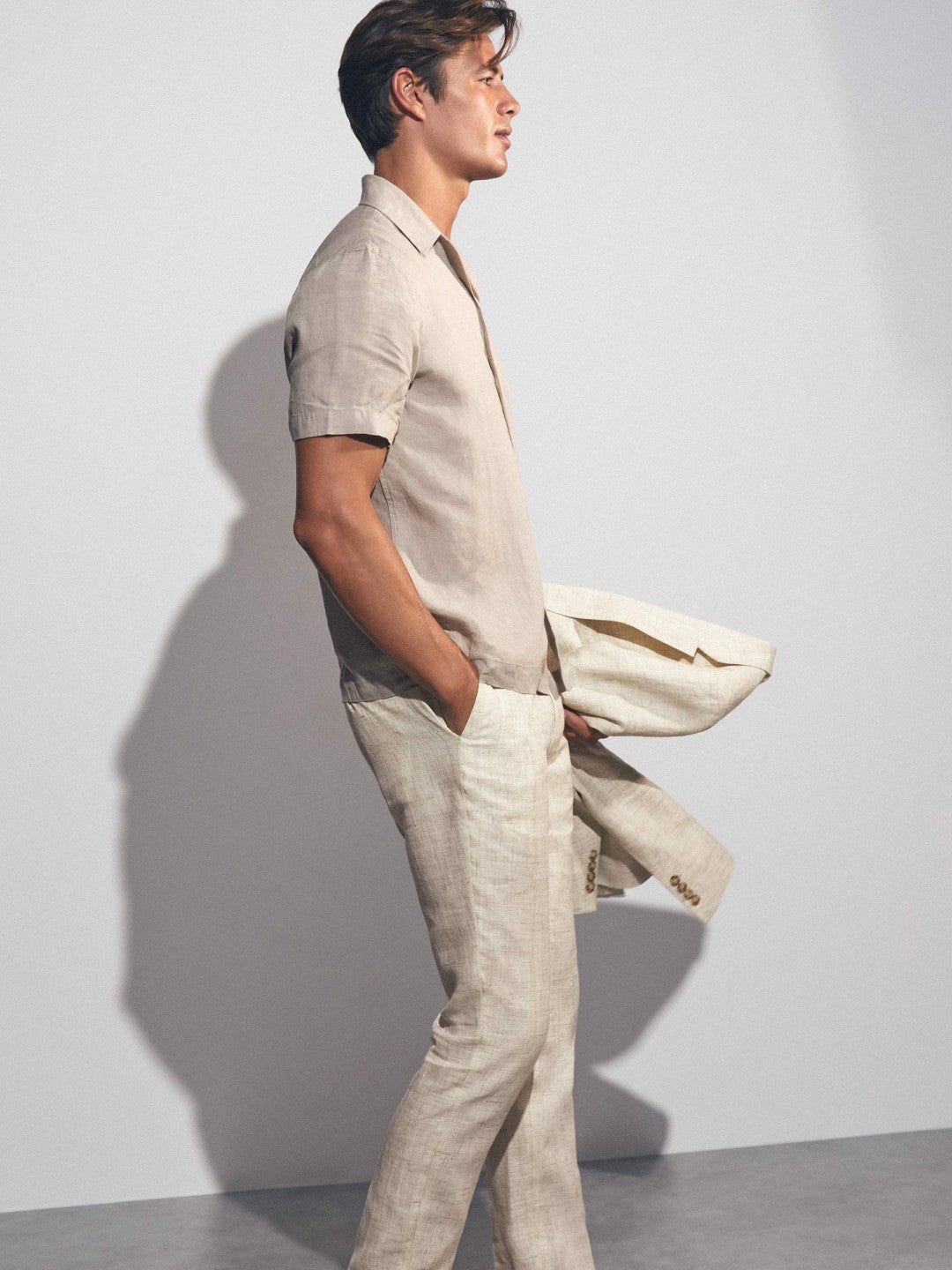 Men Linen-Cotton Slim-Fit Suit Trousers in Stone