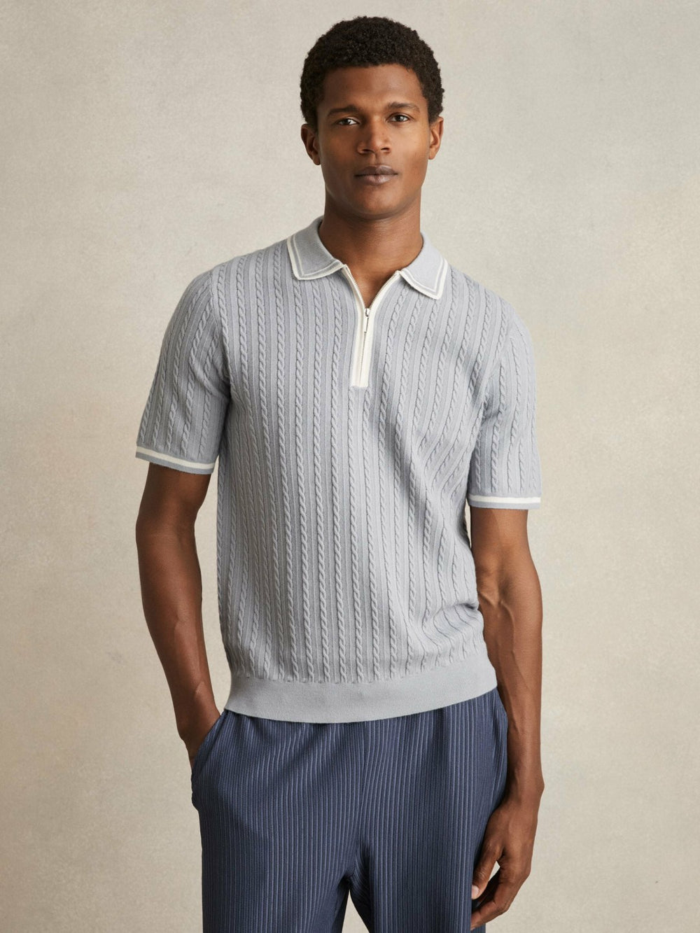 Men Micro-Cable Half-Zip Polo Shirt in Soft Blue