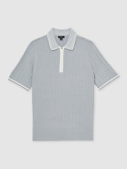 Men Micro-Cable Half-Zip Polo Shirt in Soft Blue