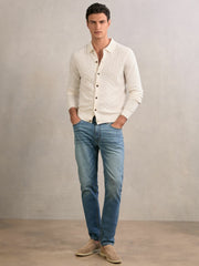 Men Wool V-Stitch Button-Through Cardigan in Off White