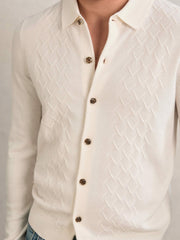 Men Wool V-Stitch Button-Through Cardigan in Off White