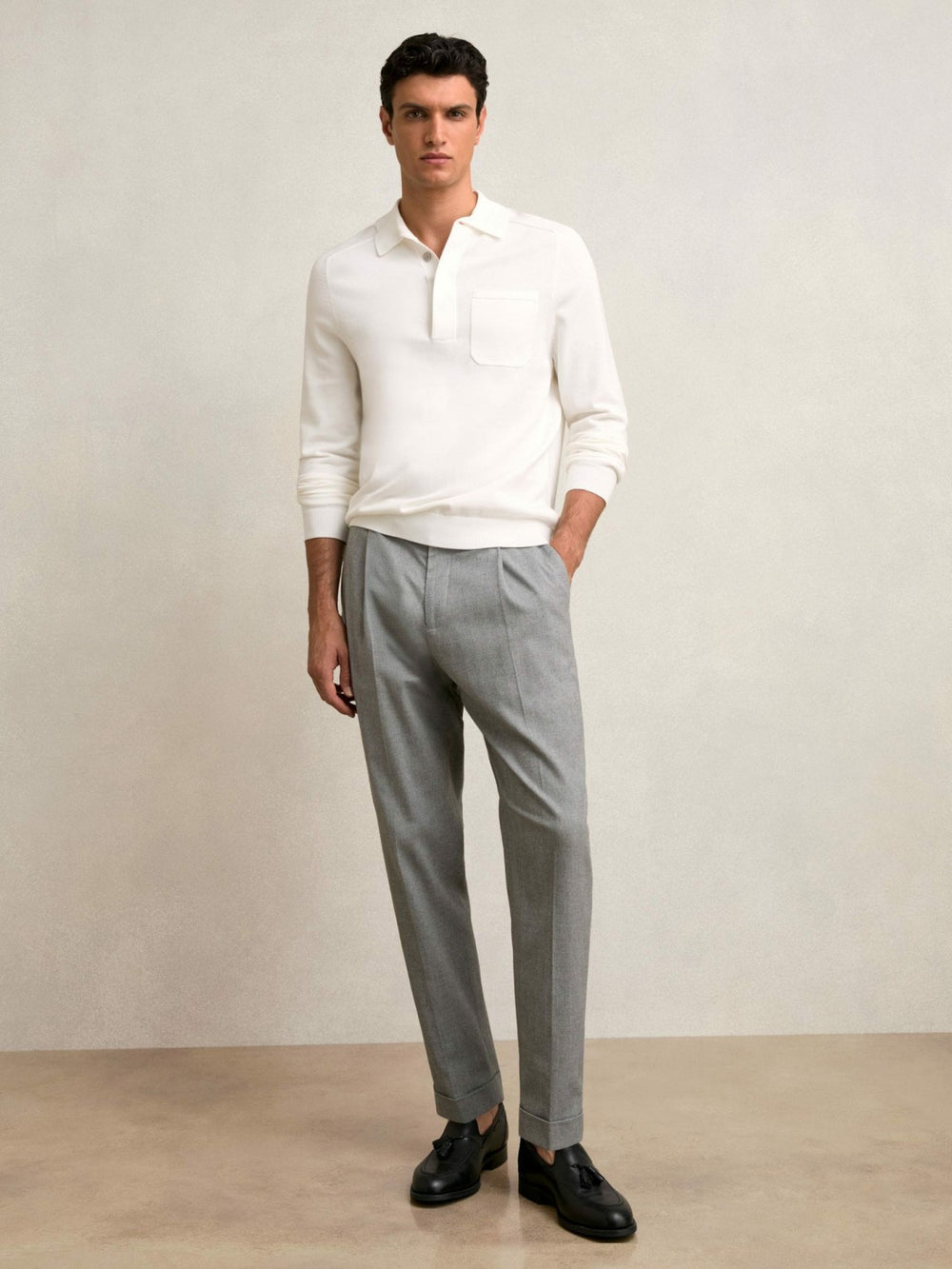 Men Cotton Concealed Placket Polo Shirt in White