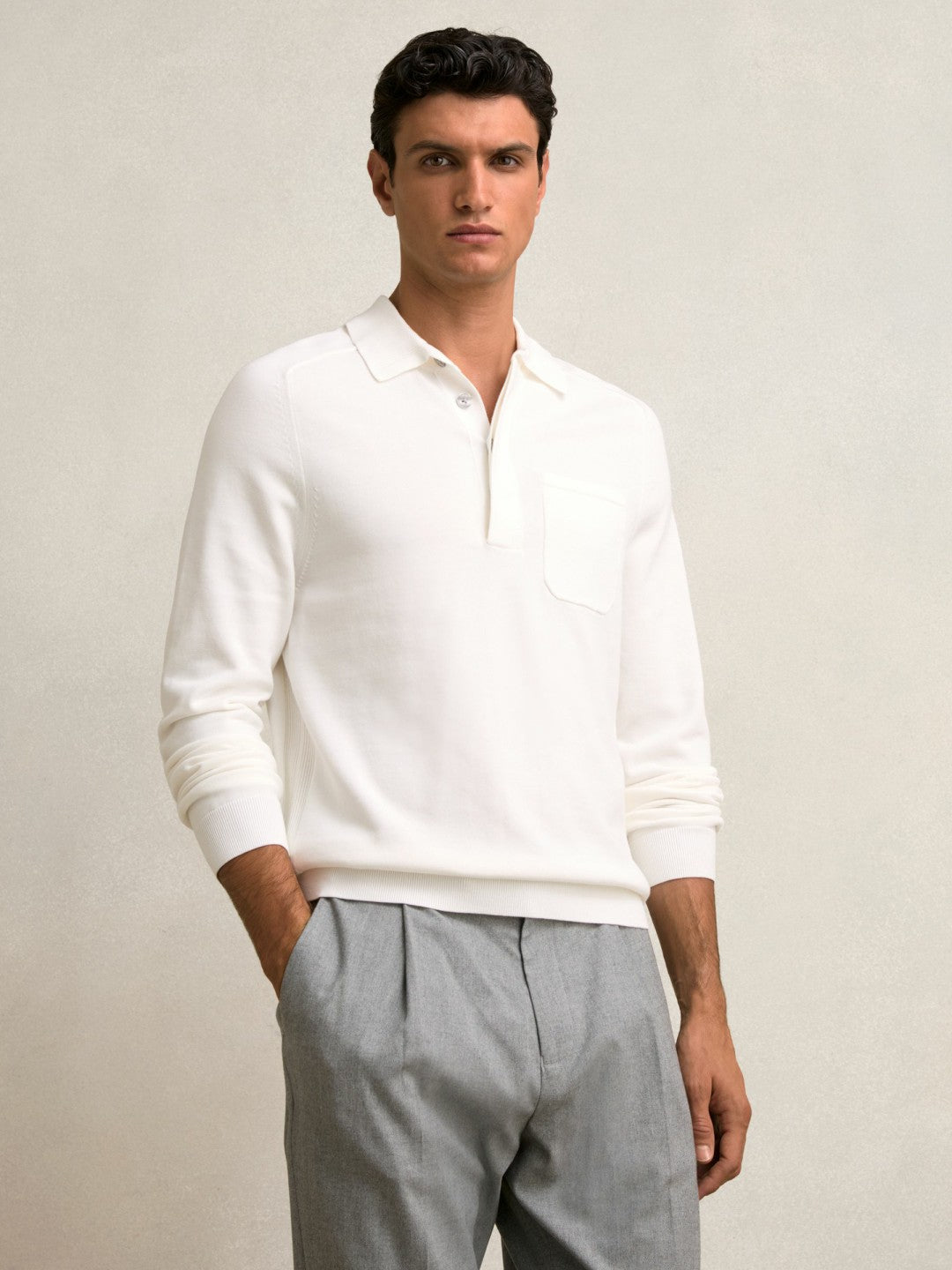 Men Cotton Concealed Placket Polo Shirt in White