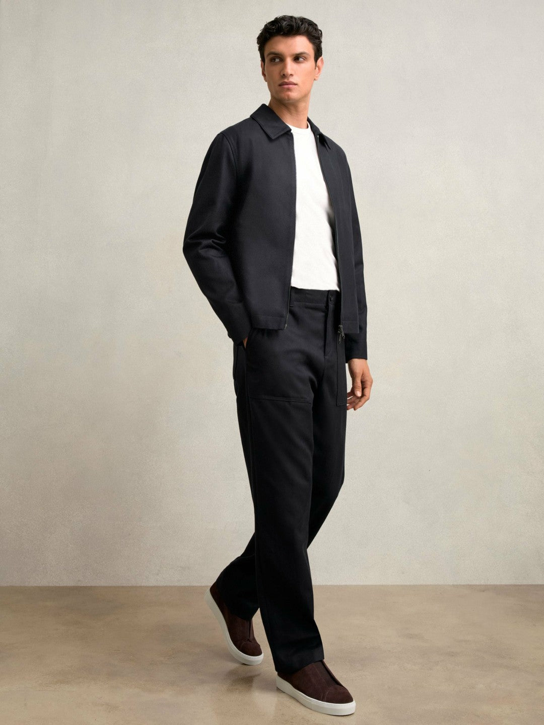 Men Lyocell-Cotton Zip-Through Twill Jacket in Navy
