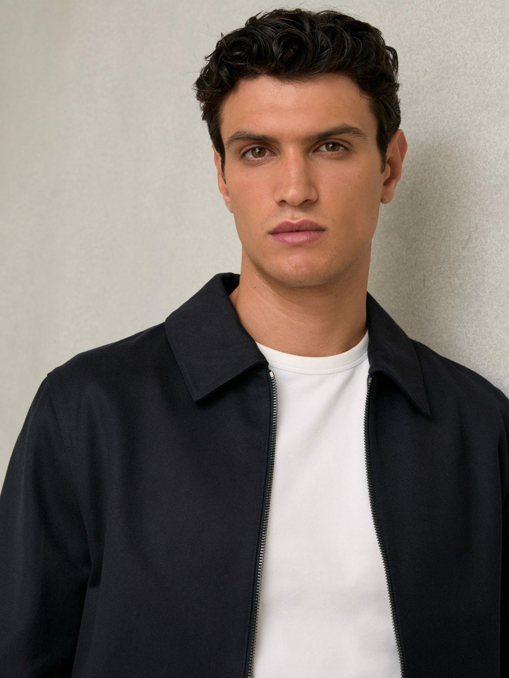 Men Lyocell-Cotton Zip-Through Twill Jacket in Navy