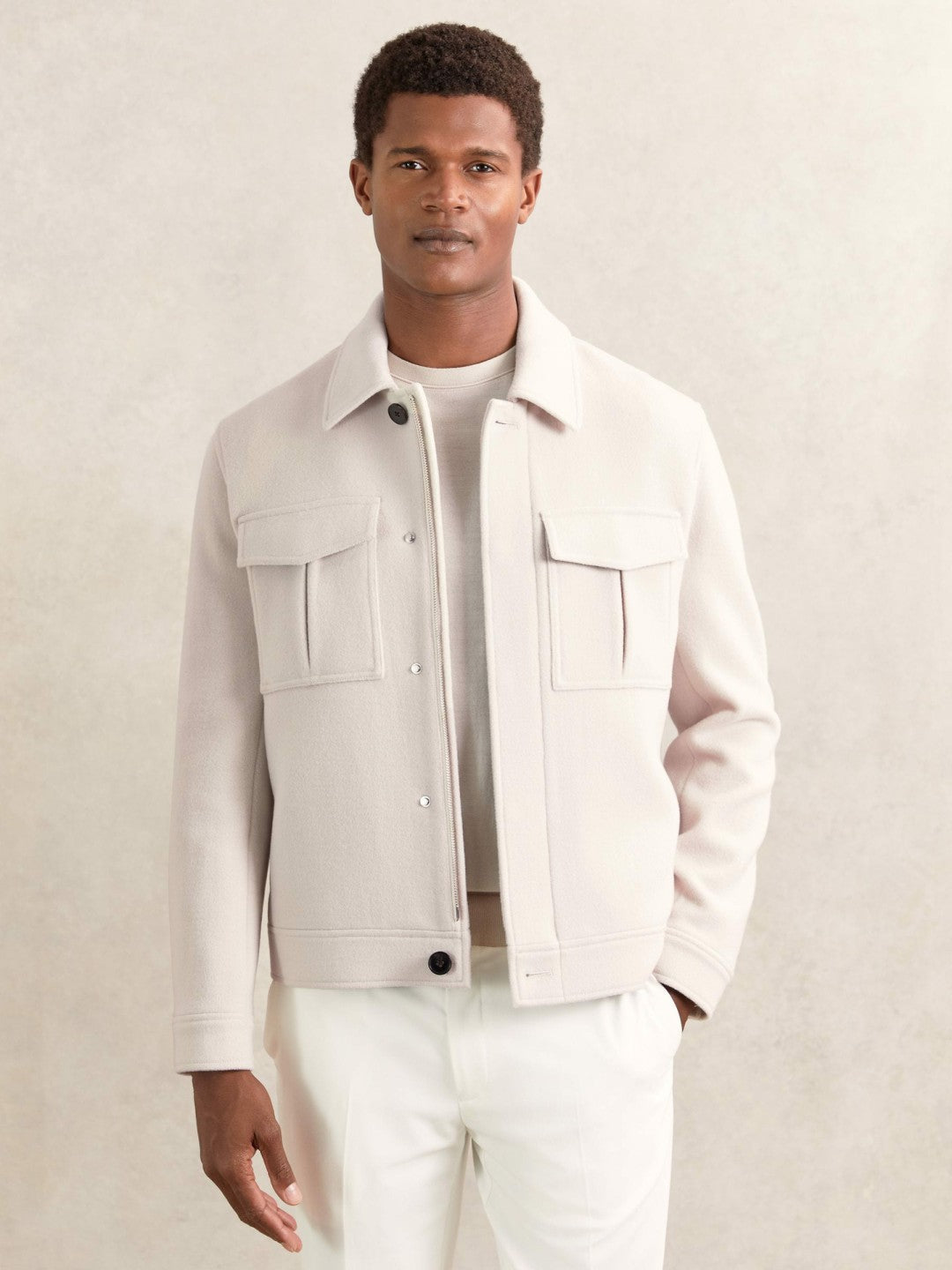 Men Wool Blend Twin Pocket Zipped Jacket in Ivory