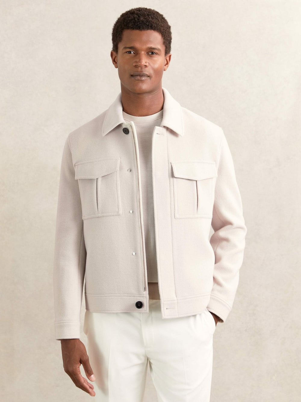 Men Wool Blend Twin Pocket Zipped Jacket in Ivory