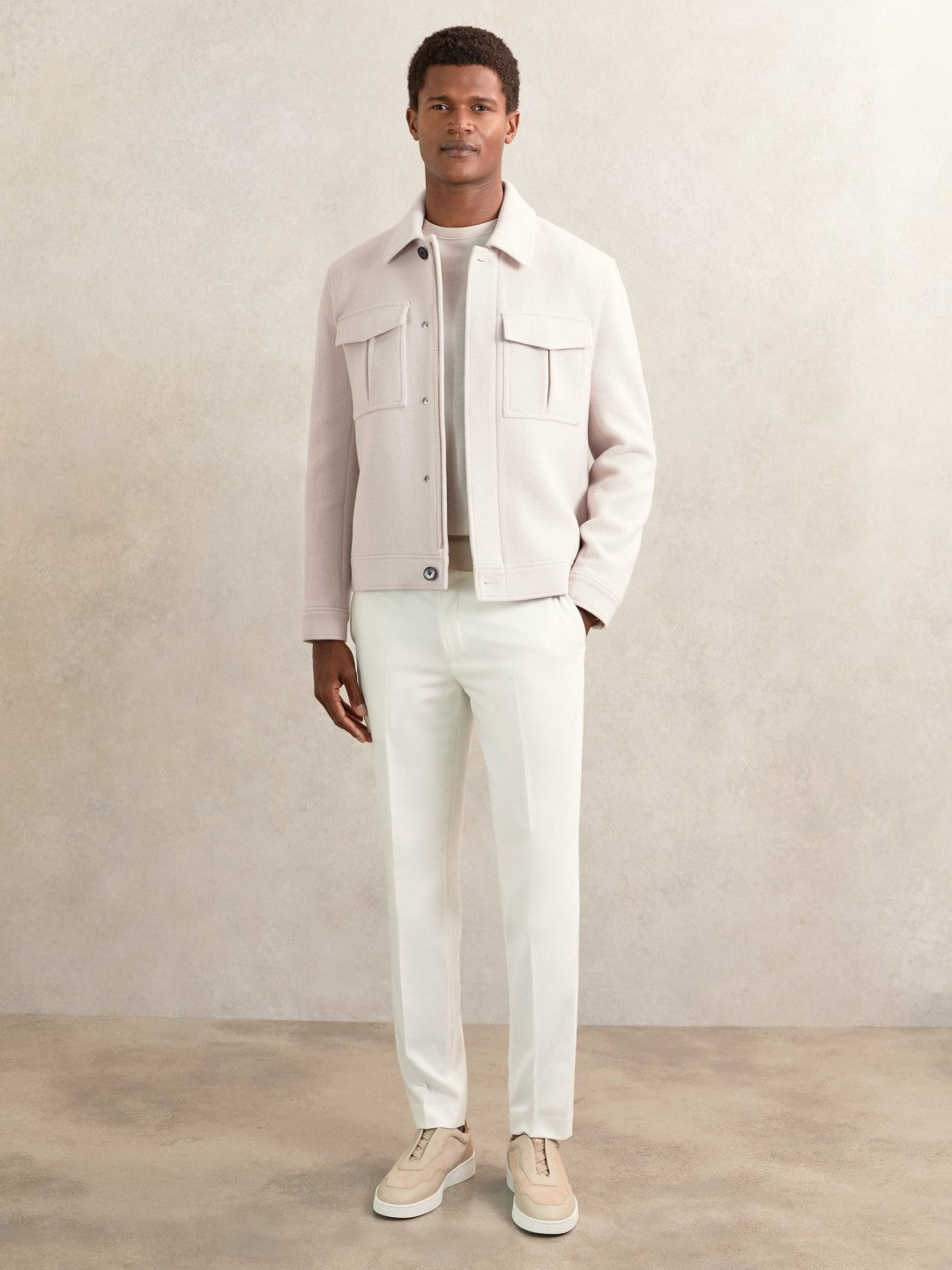 Men Wool Blend Twin Pocket Zipped Jacket in Ivory