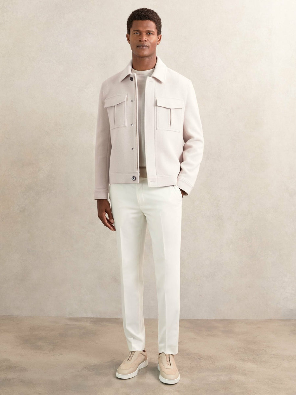 Men Wool Blend Twin Pocket Zipped Jacket in Ivory