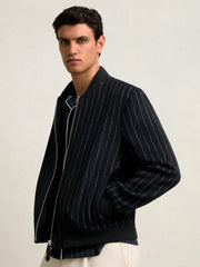 Men Wool-Blend Chalk-Stripe Bomber Jacket in Navy