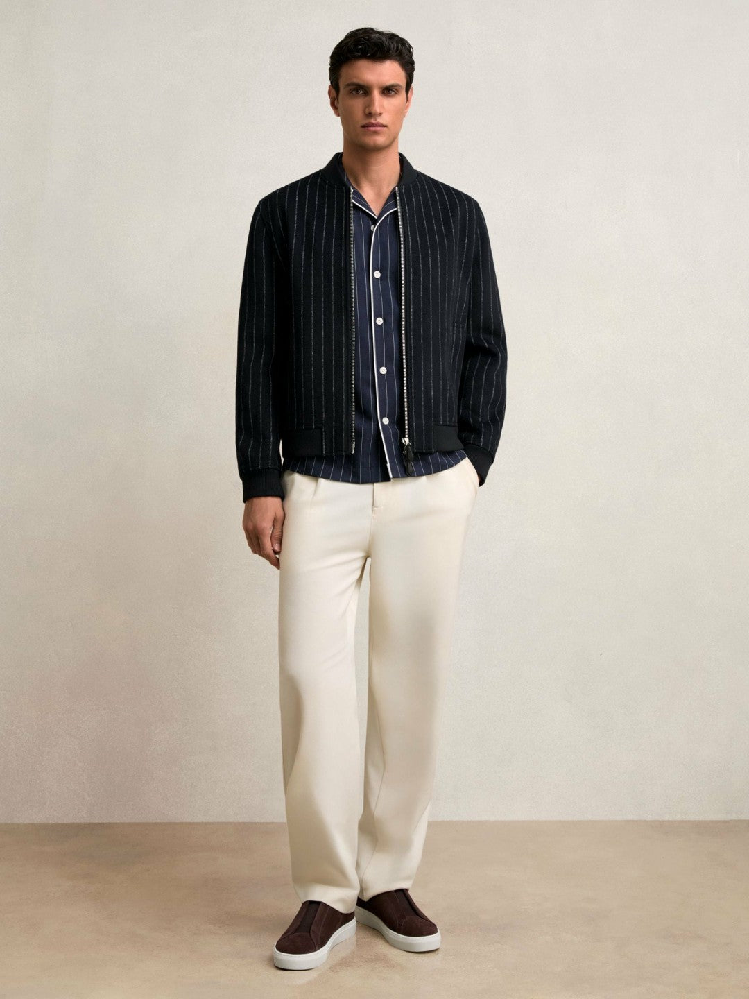 Men Wool-Blend Chalk-Stripe Bomber Jacket in Navy
