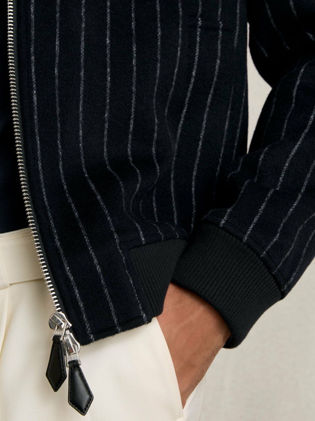 Men Wool-Blend Chalk-Stripe Bomber Jacket in Navy