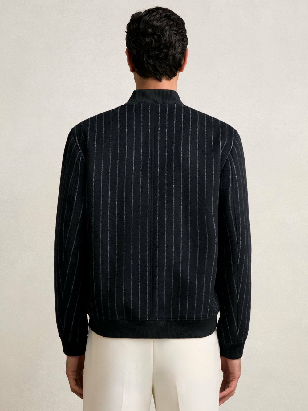 Men Wool-Blend Chalk-Stripe Bomber Jacket in Navy