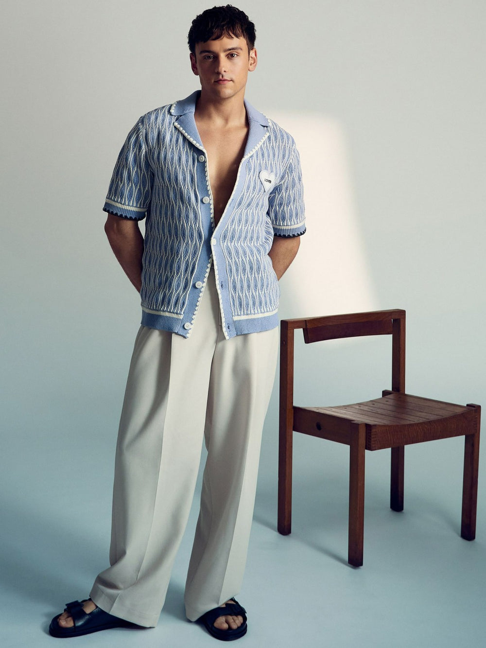 Men Tom Daley Wave-Knit Shirt in Soft Blue/White