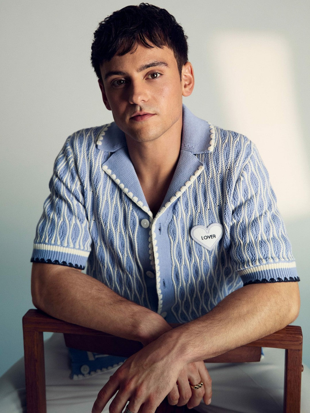 Men Tom Daley Wave-Knit Shirt in Soft Blue/White