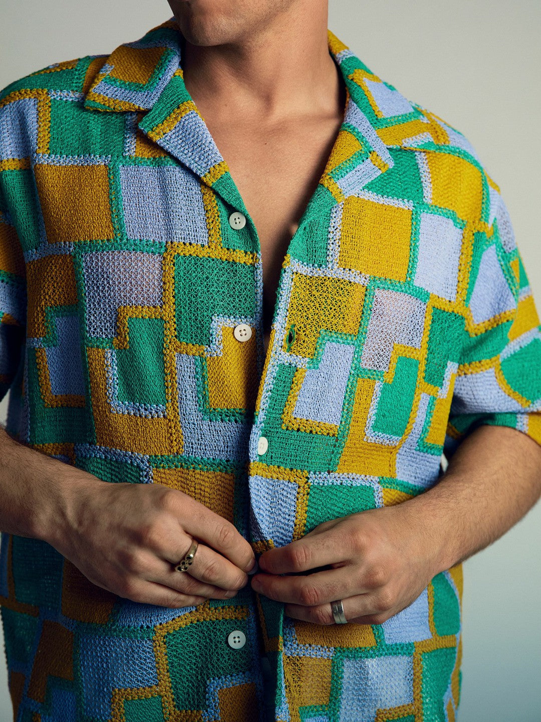 Men | Tom Daley Tile Crochet Shirt in Yellow/Green/Blue Multi