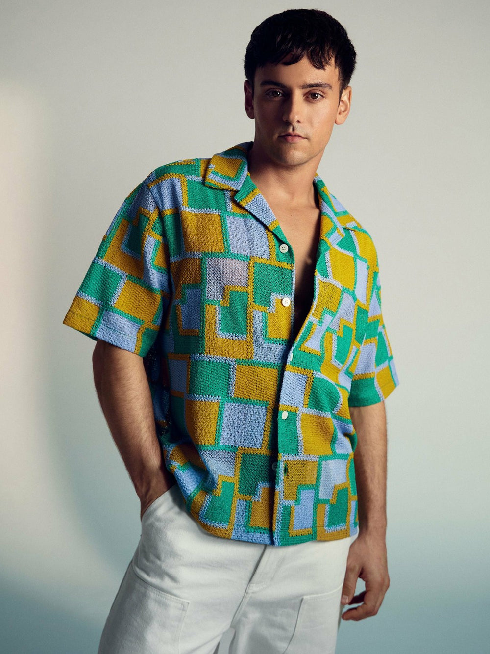 Men | Tom Daley Tile Crochet Shirt in Yellow/Green/Blue Multi
