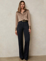 Women Twill Patch-Pocket Flared Trousers in Navy
