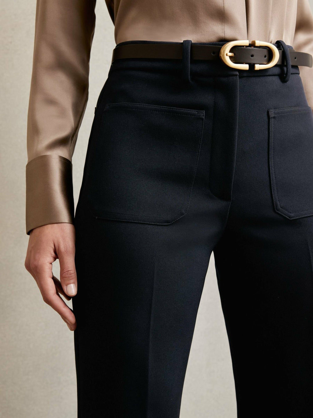 Women Twill Patch-Pocket Flared Trousers in Navy