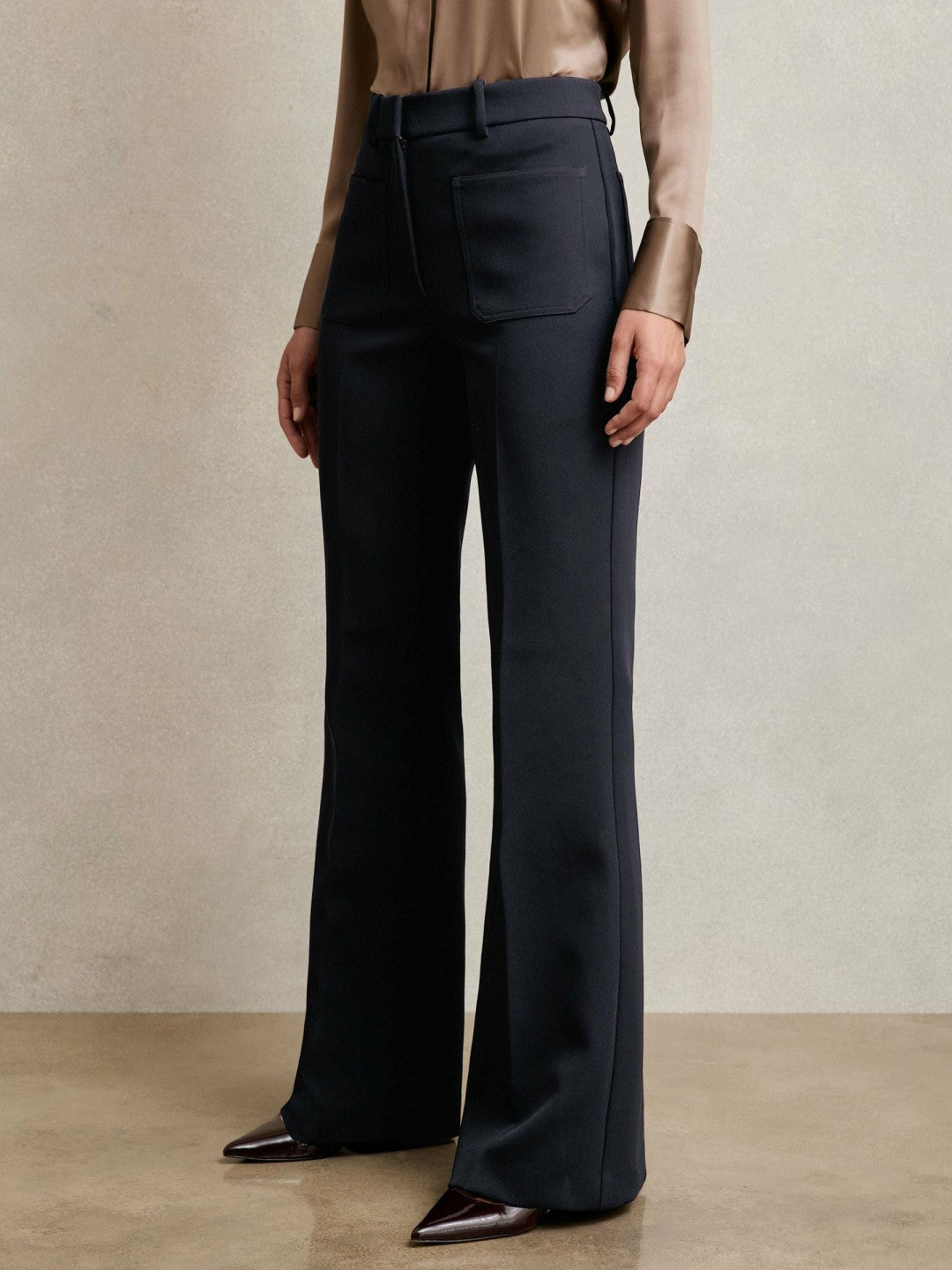 Women Twill Patch-Pocket Flared Trousers in Navy