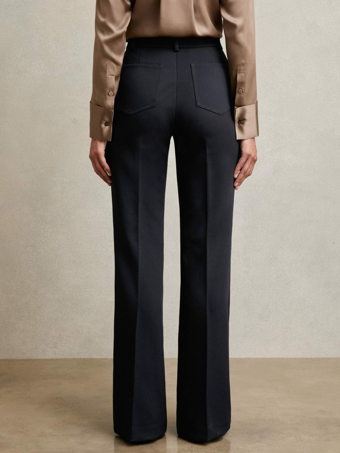 Women Twill Patch-Pocket Flared Trousers in Navy