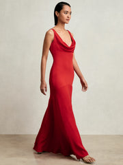 Women Cowl-Neck Sleeveless Maxi Dress in Red