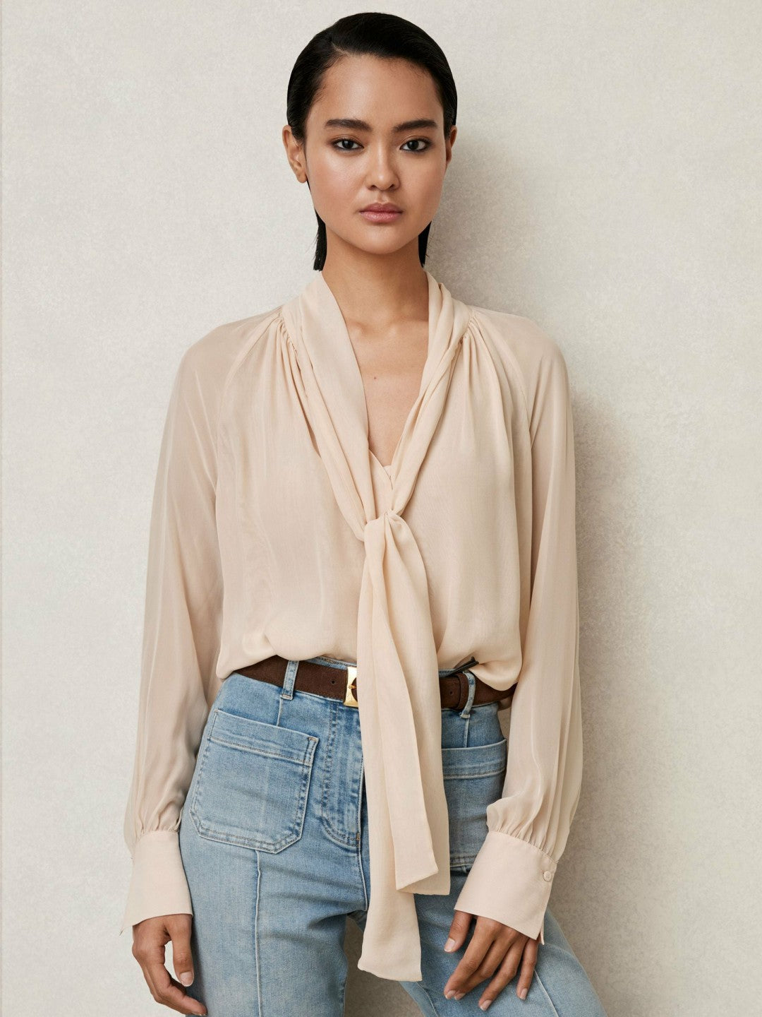 Women Silk Blend Chiffon Tie-Neck Blouse in Pale Pink