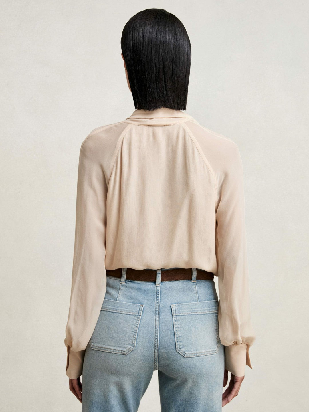 Women Silk Blend Chiffon Tie-Neck Blouse in Pale Pink