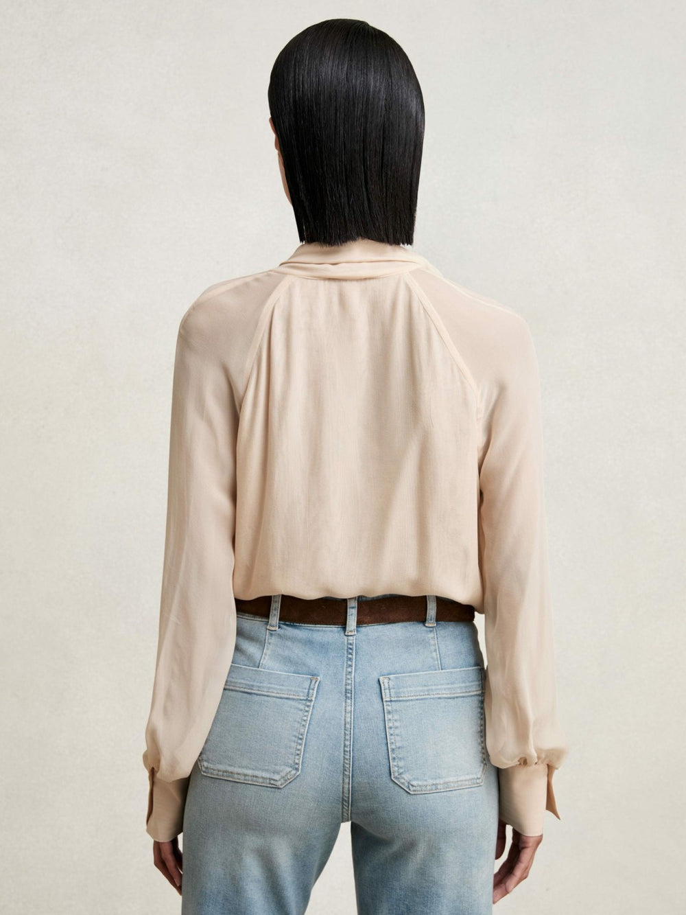 Women Silk Blend Chiffon Tie-Neck Blouse in Pale Pink