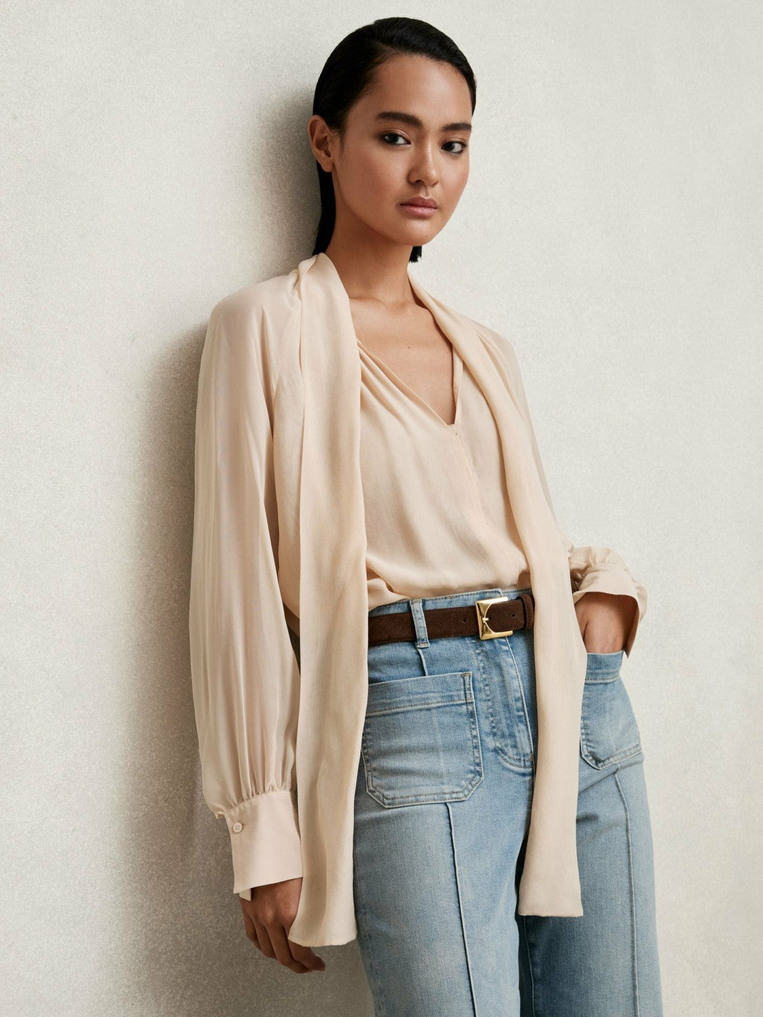 Women Silk Blend Chiffon Tie-Neck Blouse in Pale Pink
