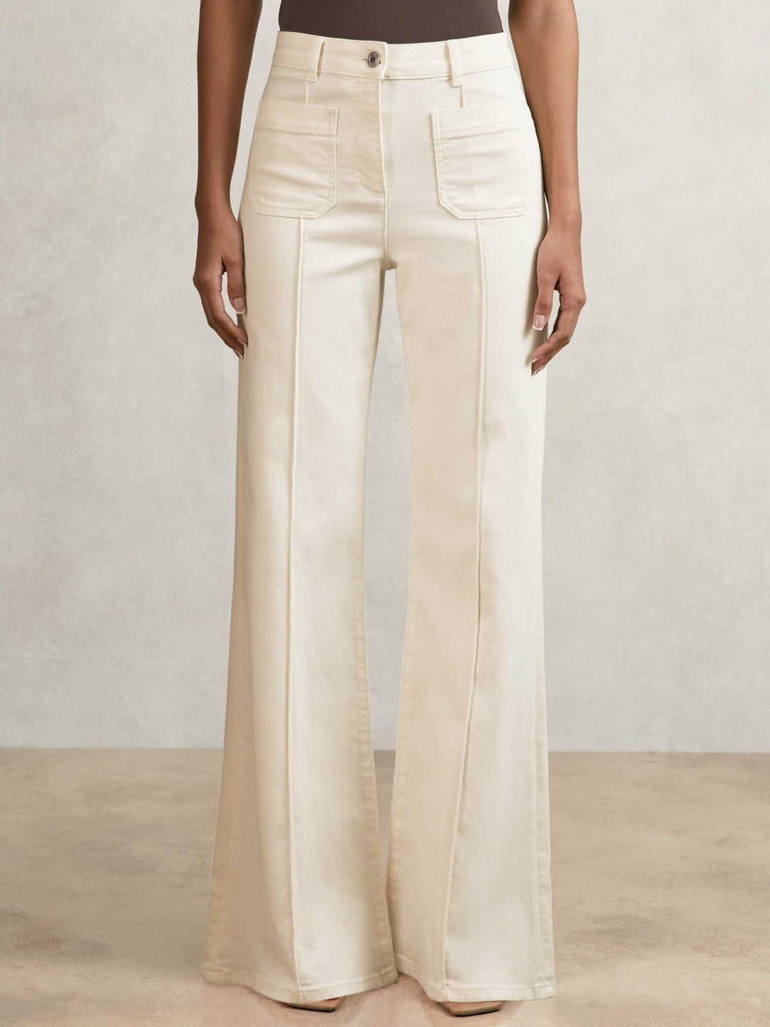 Women Petite Patch-Pocket Flared Jeans in Ecru