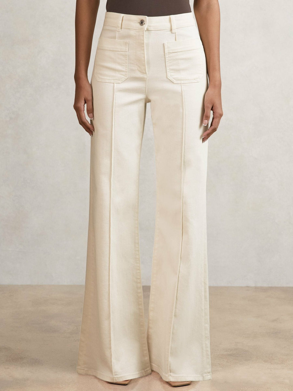Women Petite Patch-Pocket Flared Jeans in Ecru