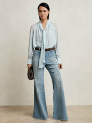Women Silk Blend Chiffon Tie-Neck Blouse in Pale Blue