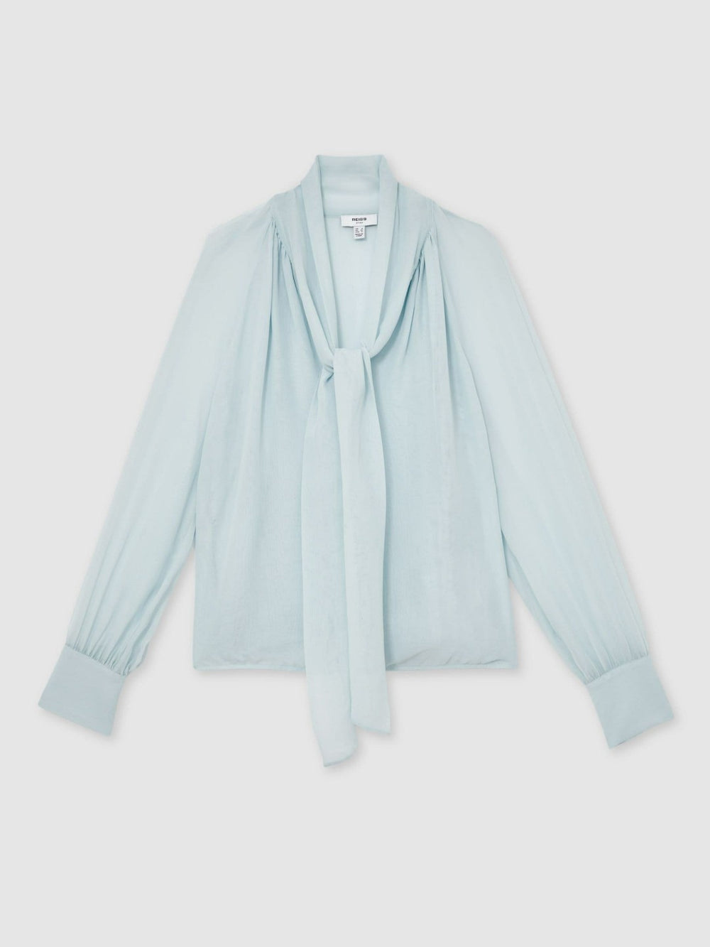 Women Silk Blend Chiffon Tie-Neck Blouse in Pale Blue