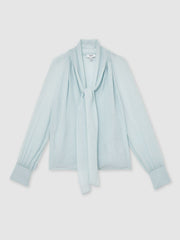 Women Silk Blend Chiffon Tie-Neck Blouse in Pale Blue