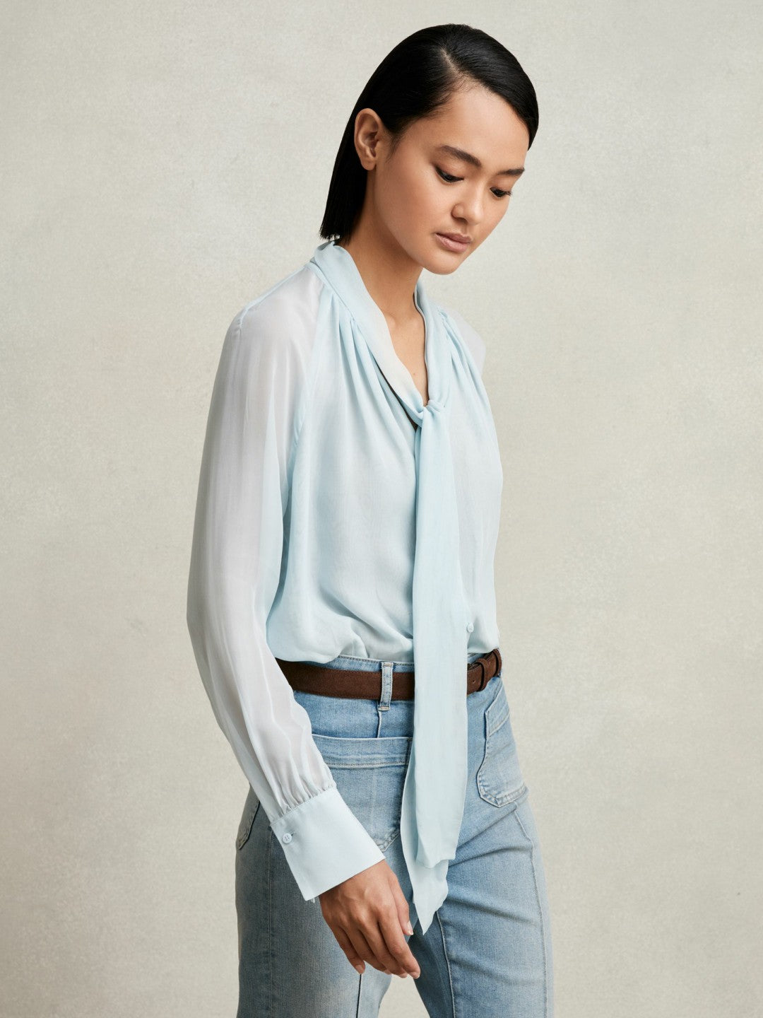 Women Silk Blend Chiffon Tie-Neck Blouse in Pale Blue