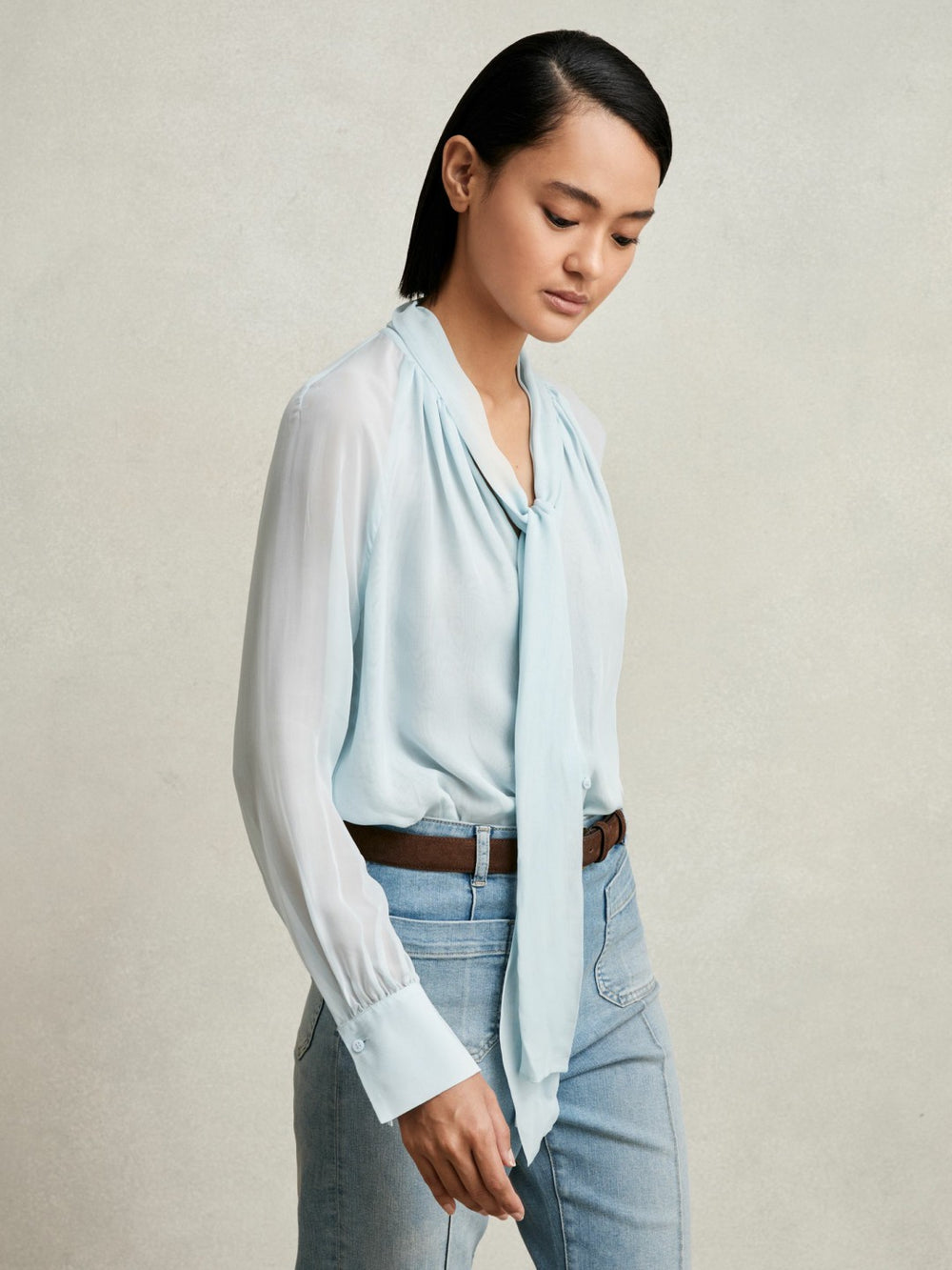 Women Silk Blend Chiffon Tie-Neck Blouse in Pale Blue