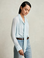 Women Silk Blend Chiffon Tie-Neck Blouse in Pale Blue
