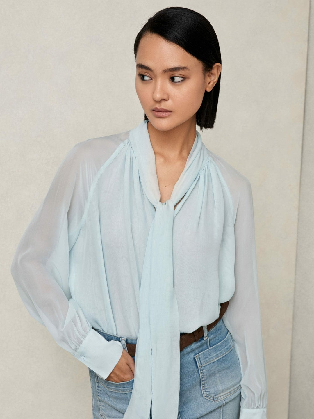 Women Silk Blend Chiffon Tie-Neck Blouse in Pale Blue